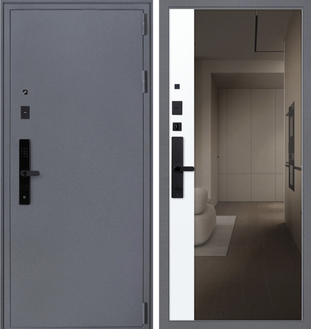 Входная дверь Беркут Белый матовый зеркало с биометрическим замком R06